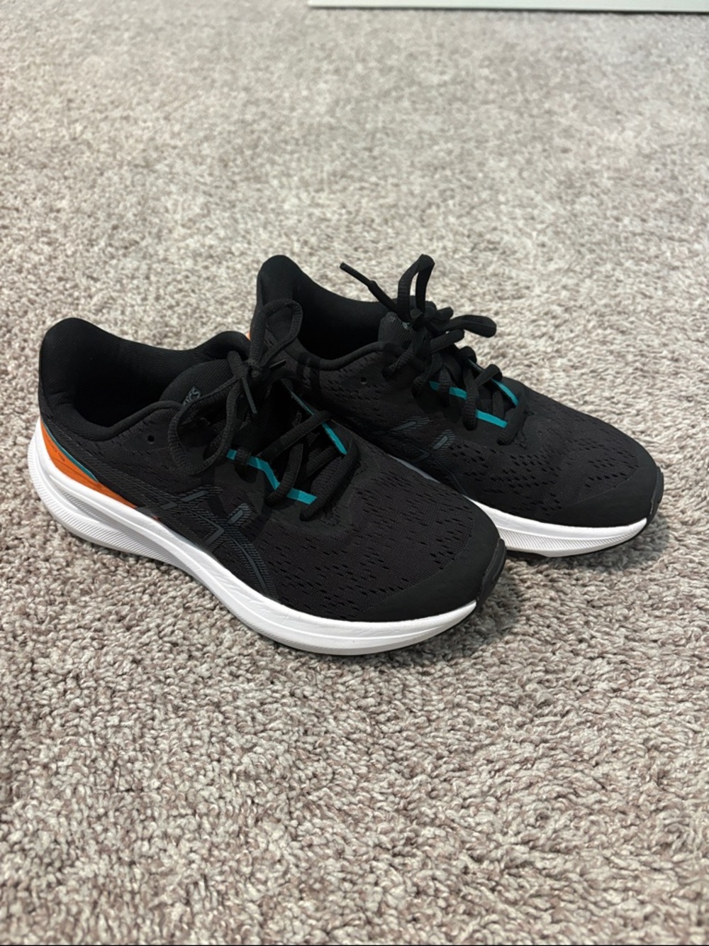 Kids Asics Black Sneakers with Teal and Orange Accents